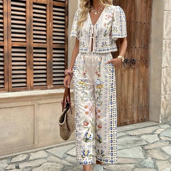 Apricot Boho Women's Casual Vacation Printed Short Sleeve Top & Wide Leg Pants - Picture 5 of 6